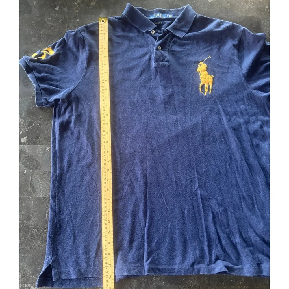 Polo Ralph Lauren Mens XL Navy Big Pony Custom Slim Fit Polo Shirt Gold Logo USA